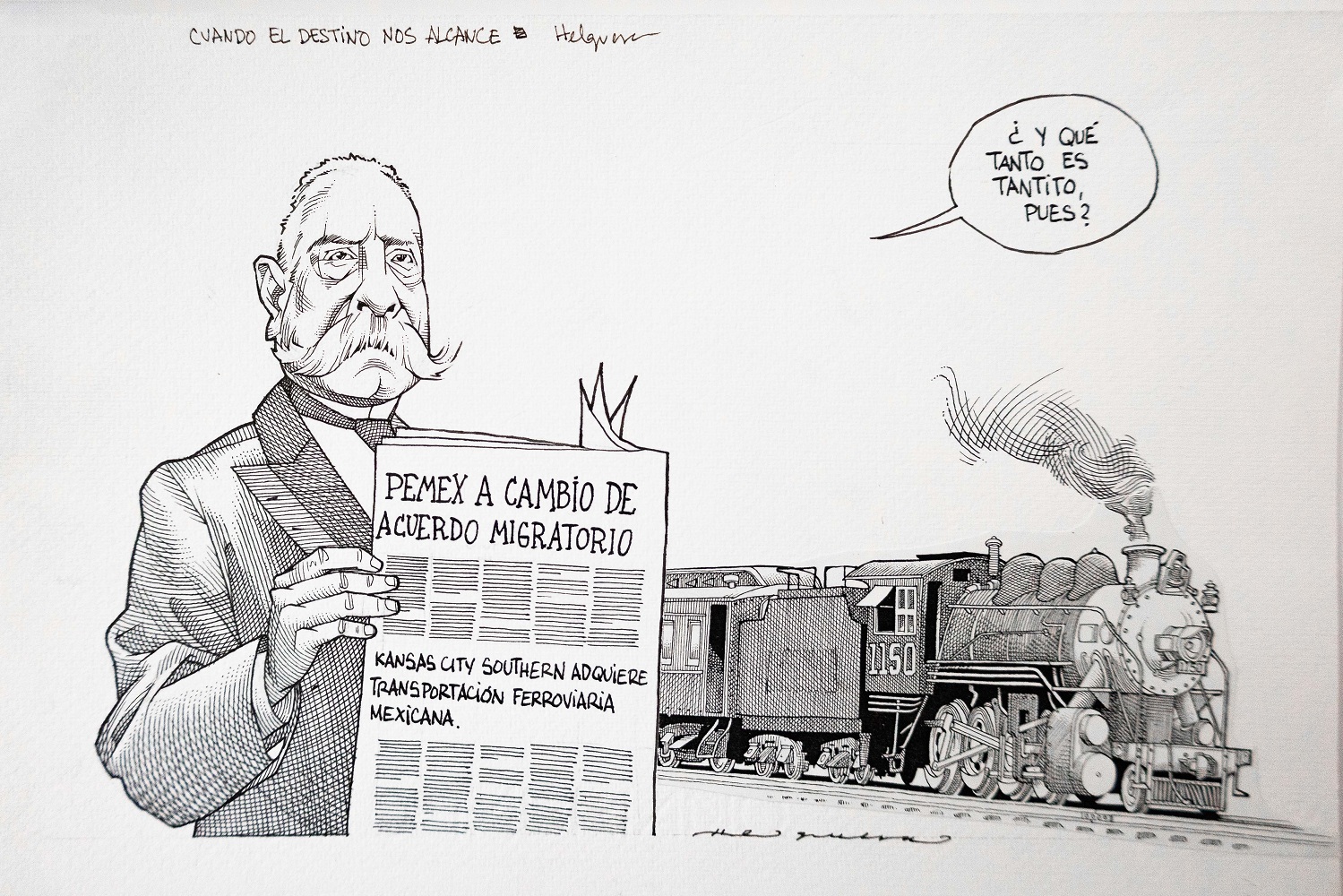 “¡Pasajeros al tren! Caricatura política a todo vapor!” de Antonio Helguera, se pone la mirada en los medios de transporte como metáfora del poder